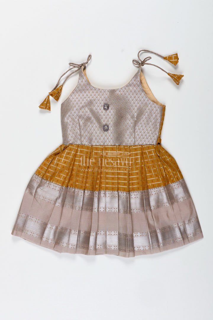 The Nesavu Tie-up Frock Grey and Mustard Tie-Up Frock for Baby Girls Semi Silk Dress for Festive Moments Nesavu 14 (6M) / Gray / Style 1 SF1001BA-14 Nesavu Grey And Mustard Semi Silk Frock For Baby Girls Ethnic Tie-Up Dress With Golden Borders