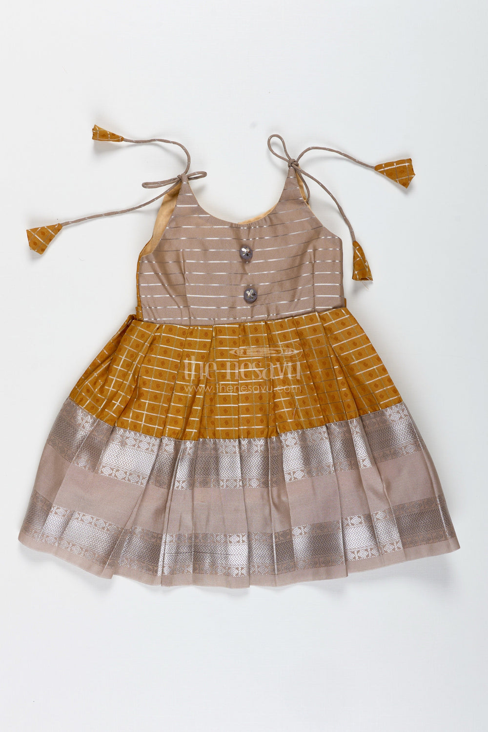 The Nesavu Tie-up Frock Grey and Mustard Tie-Up Frock for Baby Girls Semi Silk Dress for Festive Moments Nesavu 14 (6M) / Gray / Style 2 SF1001BB-14 Nesavu Grey And Mustard Semi Silk Frock For Baby Girls Ethnic Tie-Up Dress With Golden Borders