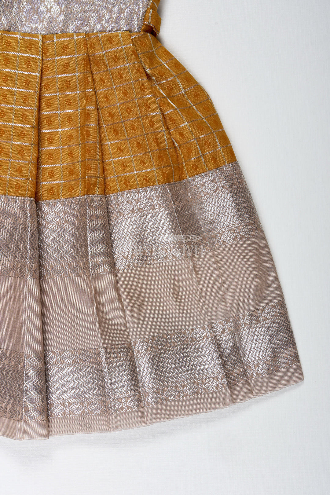 The Nesavu Tie-up Frock Grey and Mustard Tie-Up Frock for Baby Girls Semi Silk Dress for Festive Moments Nesavu Nesavu Grey And Mustard Semi Silk Frock For Baby Girls Ethnic Tie-Up Dress With Golden Borders