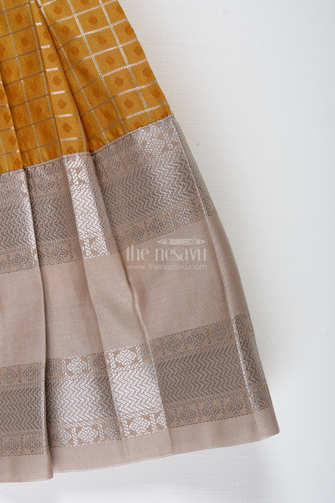 The Nesavu Tie-up Frock Grey and Mustard Tie-Up Frock for Baby Girls Semi Silk Dress for Festive Moments Nesavu Nesavu Grey And Mustard Semi Silk Frock For Baby Girls Ethnic Tie-Up Dress With Golden Borders