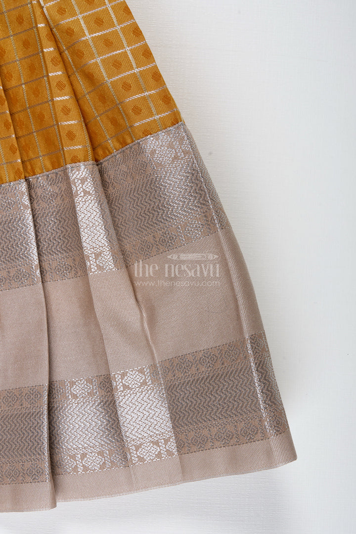 The Nesavu Tie-up Frock Grey and Mustard Tie-Up Frock for Baby Girls Semi Silk Dress for Festive Moments Nesavu Nesavu Grey And Mustard Semi Silk Frock For Baby Girls Ethnic Tie-Up Dress With Golden Borders