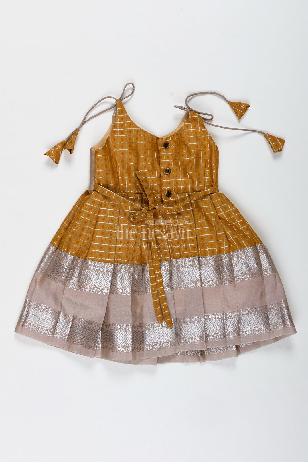 The Nesavu Tie-up Frock Grey and Mustard Tie-Up Frock for Baby Girls Semi Silk Dress for Festive Moments Nesavu Nesavu Grey And Mustard Semi Silk Frock For Baby Girls Ethnic Tie-Up Dress With Golden Borders