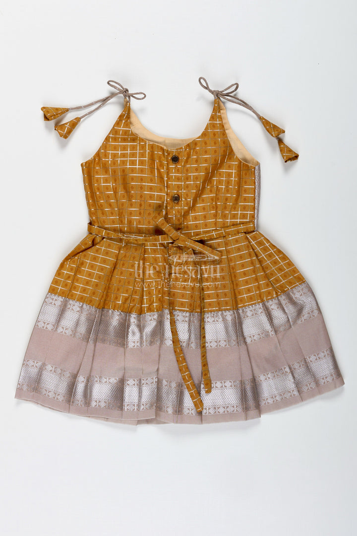 The Nesavu Tie-up Frock Grey and Mustard Tie-Up Frock for Baby Girls Semi Silk Dress for Festive Moments Nesavu Nesavu Grey And Mustard Semi Silk Frock For Baby Girls Ethnic Tie-Up Dress With Golden Borders