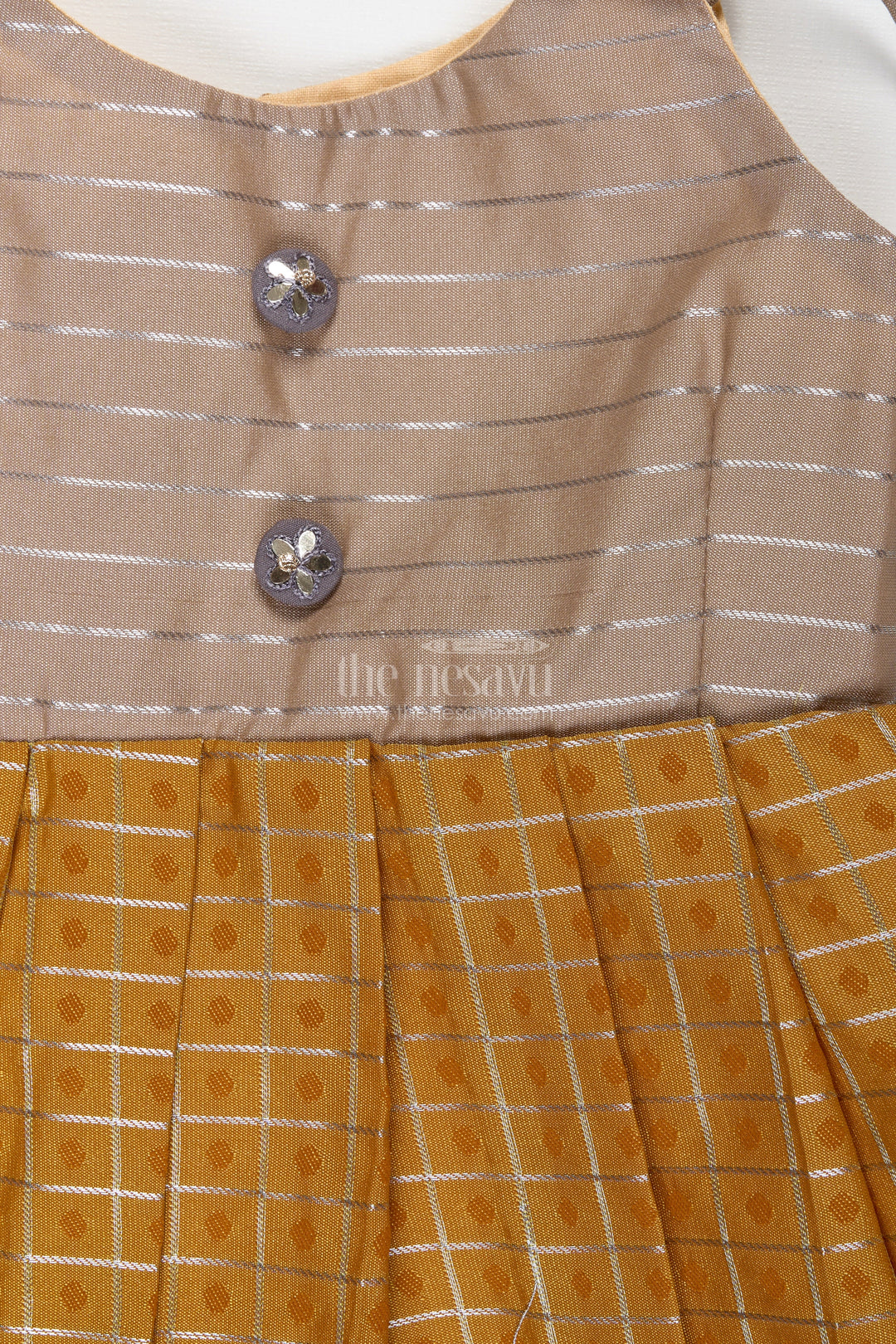 The Nesavu Tie-up Frock Grey and Mustard Tie-Up Frock for Baby Girls Semi Silk Dress for Festive Moments Nesavu Nesavu Grey And Mustard Semi Silk Frock For Baby Girls Ethnic Tie-Up Dress With Golden Borders