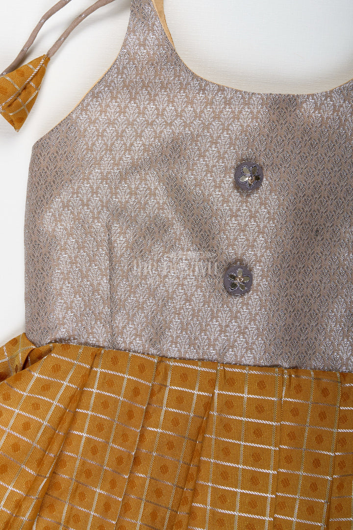 The Nesavu Tie-up Frock Grey and Mustard Tie-Up Frock for Baby Girls Semi Silk Dress for Festive Moments Nesavu Nesavu Grey And Mustard Semi Silk Frock For Baby Girls Ethnic Tie-Up Dress With Golden Borders