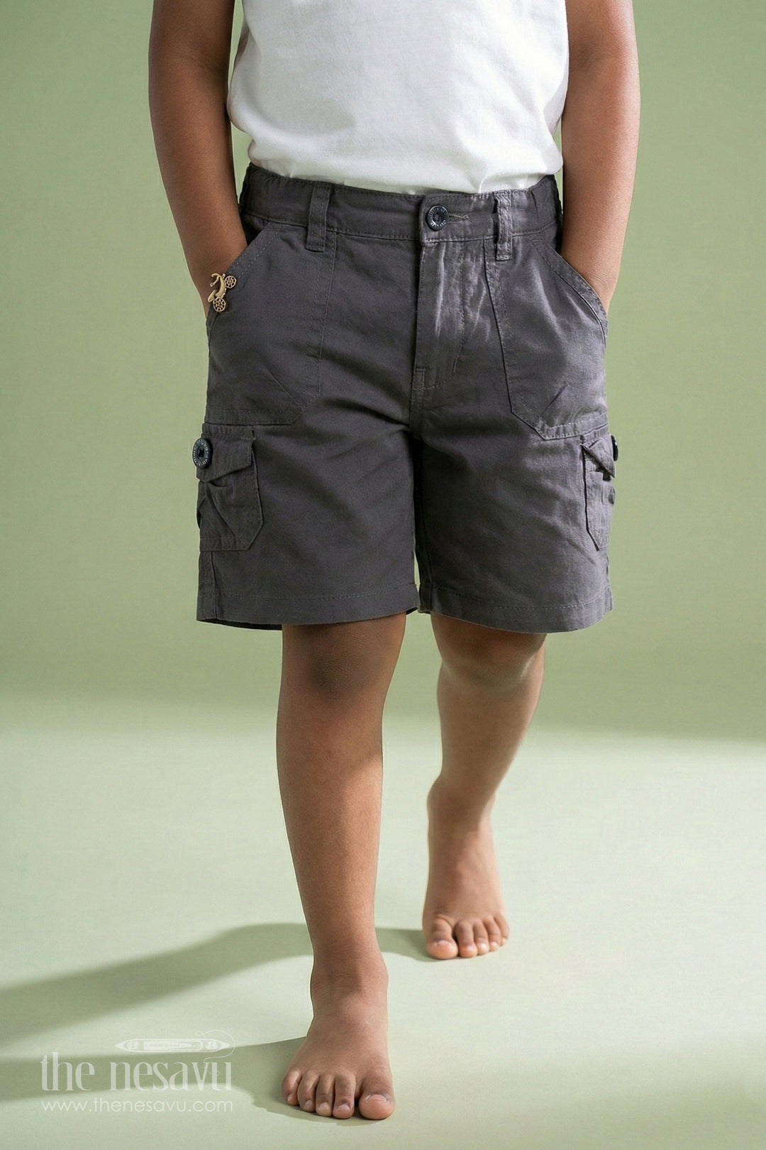 The Nesavu Boys Shorts Grey Boys Cargo Shorts for Shirts with Elastic Waist Nesavu 16 (1Y) / Gray BWS009F-16 The Nesavu Grey Boys Cargo Shorts - Cotton Comfort & Elastic Waist