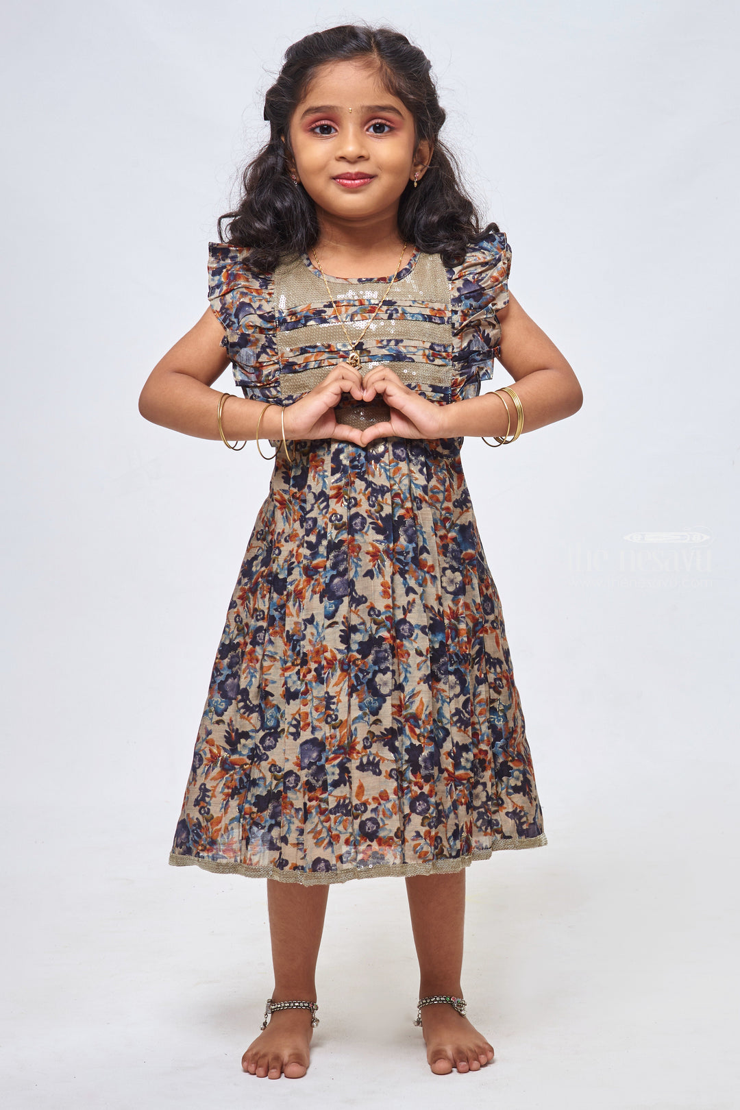 The Nesavu Girls Cotton Frock Grey Sequin Elegance: Stylish Cotton Frock for Girls Nesavu 22 (4Y) / Gray / Modal Chanderi GFC1132A-22 Baby Girl Designer Dress | Childrens Cotton Summer Dresses | the Nesavu