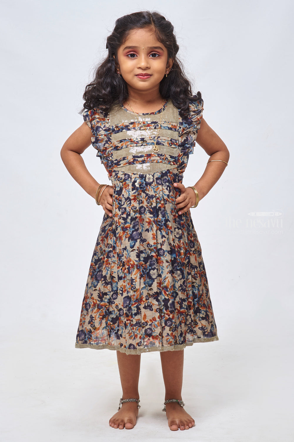 The Nesavu Girls Cotton Frock Grey Sequin Elegance: Stylish Cotton Frock for Girls Nesavu Baby Girl Designer Dress | Childrens Cotton Summer Dresses | the Nesavu