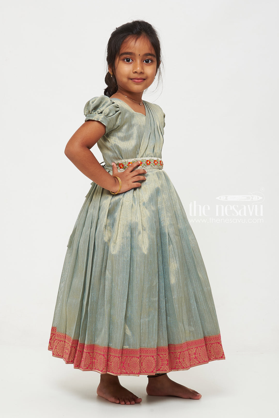 The Nesavu Girls Silk Gown Grey Tissue Fabric Saree Gown for Girls with Embroidered Hip Belt Nesavu