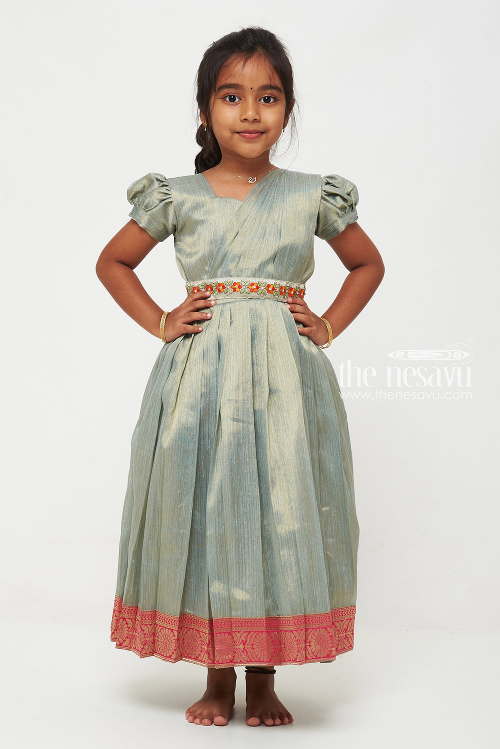 The Nesavu Girls Silk Gown Grey Tissue Fabric Saree Gown for Girls with Embroidered Hip Belt Nesavu