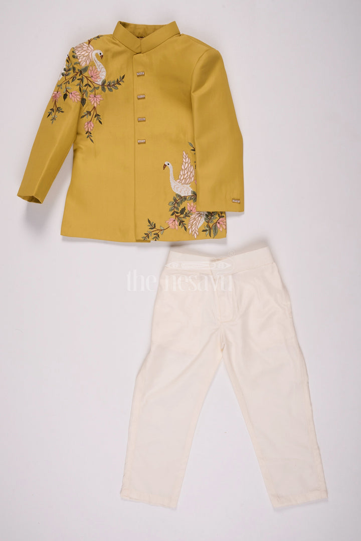 The Nesavu Boys Casual Set Guys Christmas Shirts Velvet Designer Embroidery with Swan Motif and Cream Pants Nesavu 16 (1Y) / Yellow BES616A-16 Nesavu Guys Christmas Shirts Velvet Swan Embroidery Cream Pants