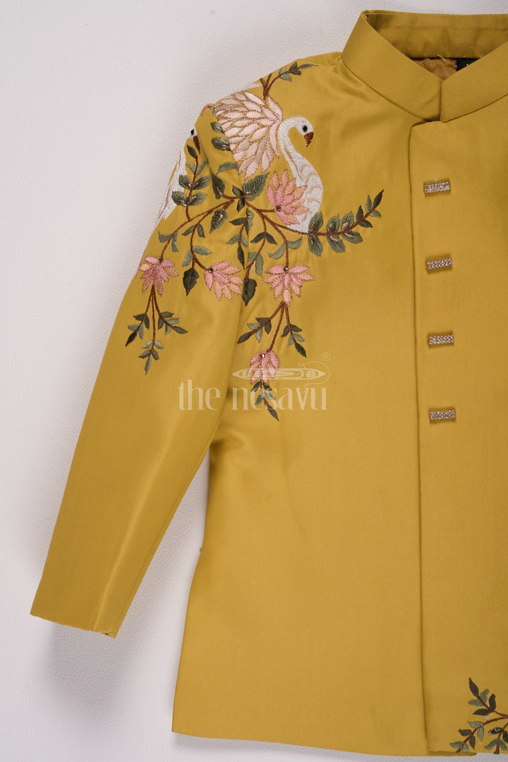 The Nesavu Boys Casual Set Guys Christmas Shirts Velvet Designer Embroidery with Swan Motif and Cream Pants Nesavu Nesavu Guys Christmas Shirts Velvet Swan Embroidery Cream Pants