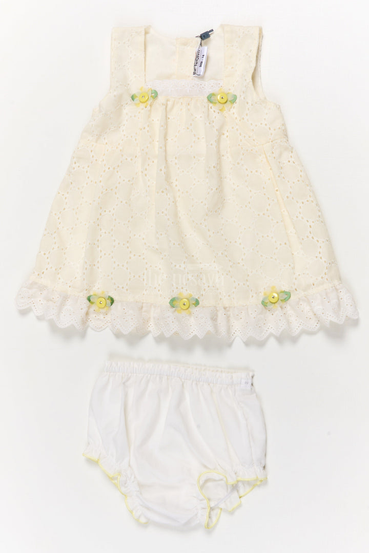 The Nesavu Baby Cotton Frocks Hakoba Frock with Bloomers for Baby Girl’s First Birthday or Outing Nesavu 14 (6M) / Yellow / Cotton Blend BFJ915B-14 Nesavu hakoba frock with bloomers for baby girl’s birthday, gifting or special milestones