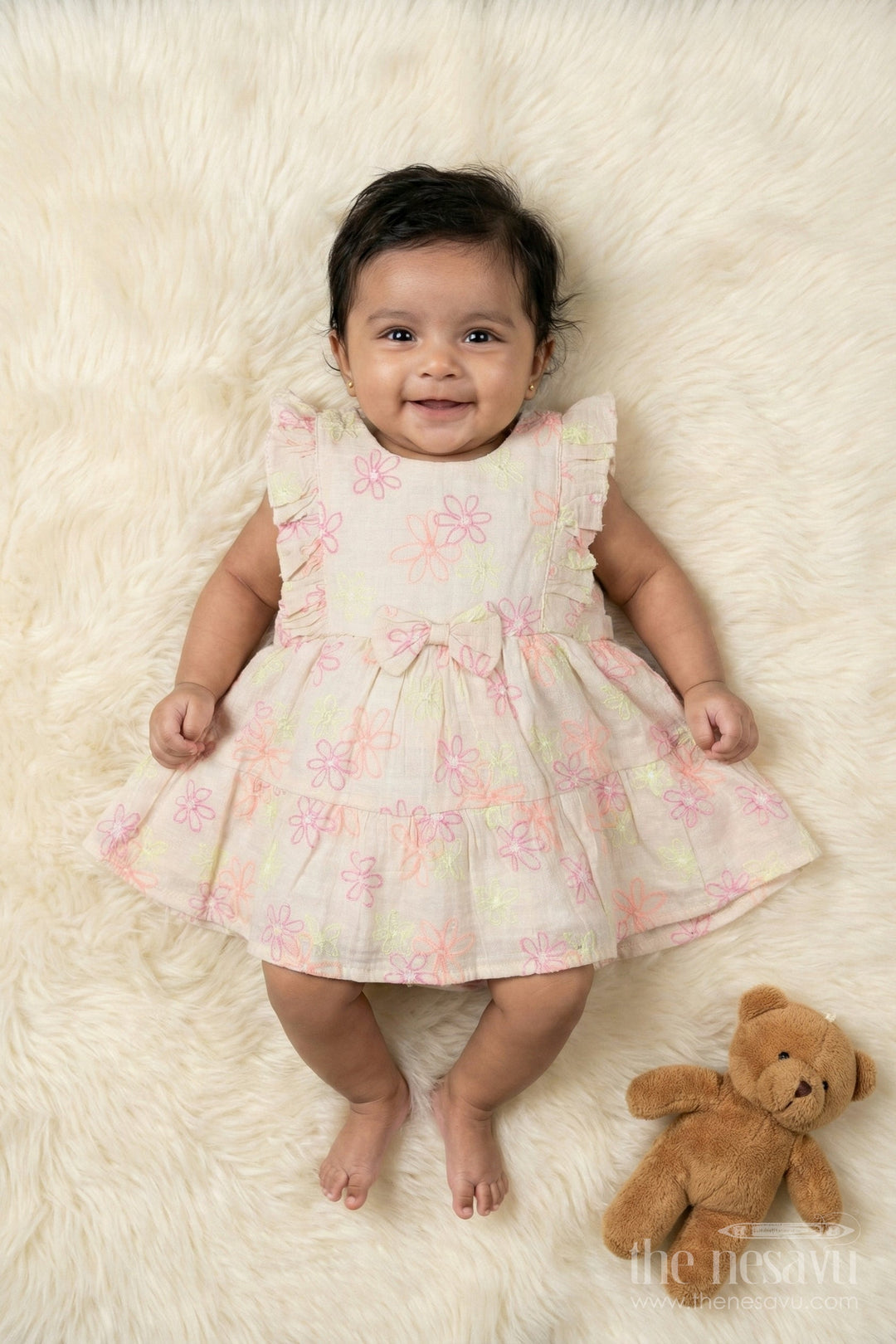 The Nesavu Baby Cotton Frocks Half White Baby Cotton Frock with Colorful Floral Embroidery and Bow Nesavu 14 (6M) / Half white BFJ901B-14 Nesavu half white baby frock with floral embroidery and ruffle sleeves