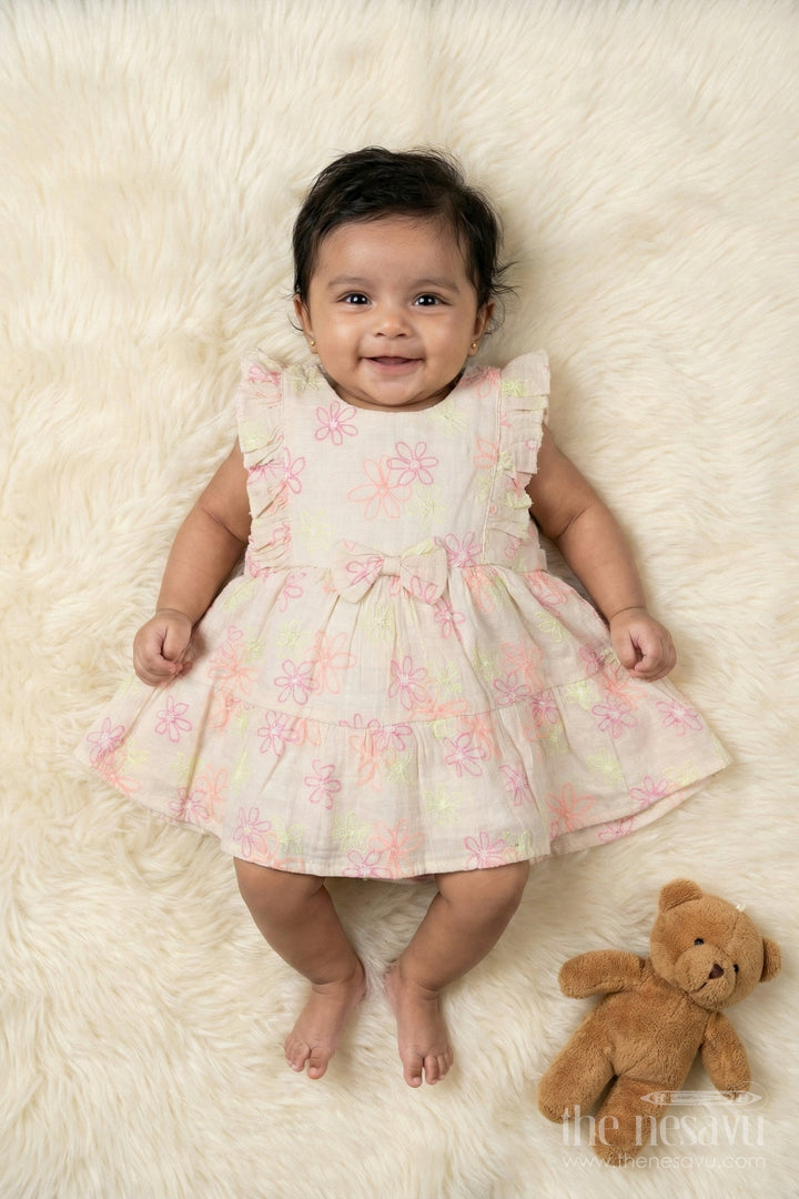The Nesavu Baby Cotton Frocks Half White Baby Cotton Frock with Colorful Floral Embroidery and Bow Nesavu 14 (6M) / Half white BFJ901B-14 Nesavu half white baby frock with floral embroidery and ruffle sleeves