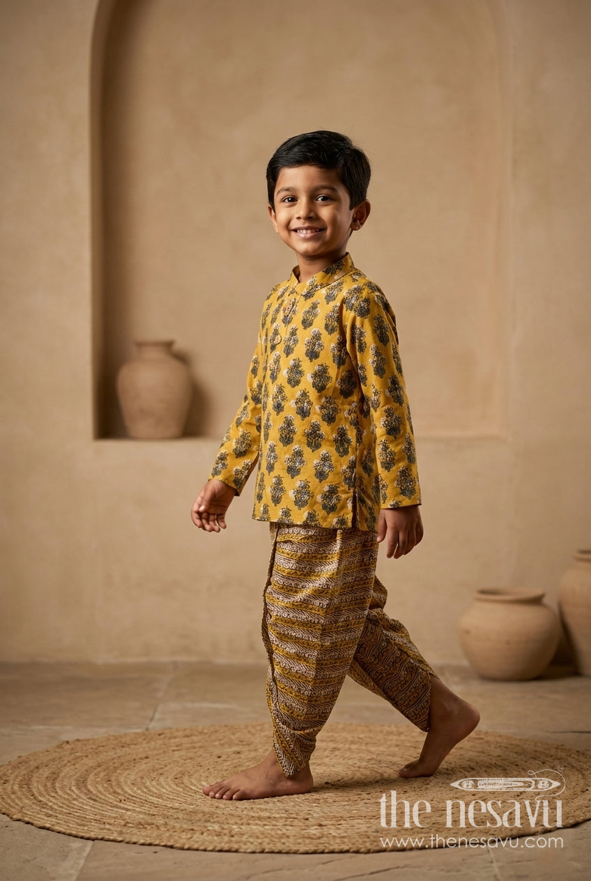 The Nesavu Boys Dothi Set Hand Block Print Kurta Set Traditional Dhoti Style for Boys Nesavu 12 (3M) / Yellow BES720B-12 Nesavu Yellow Cotton Boys Kurta Dhoti Set Traditional Block Print Cultural Celebrations