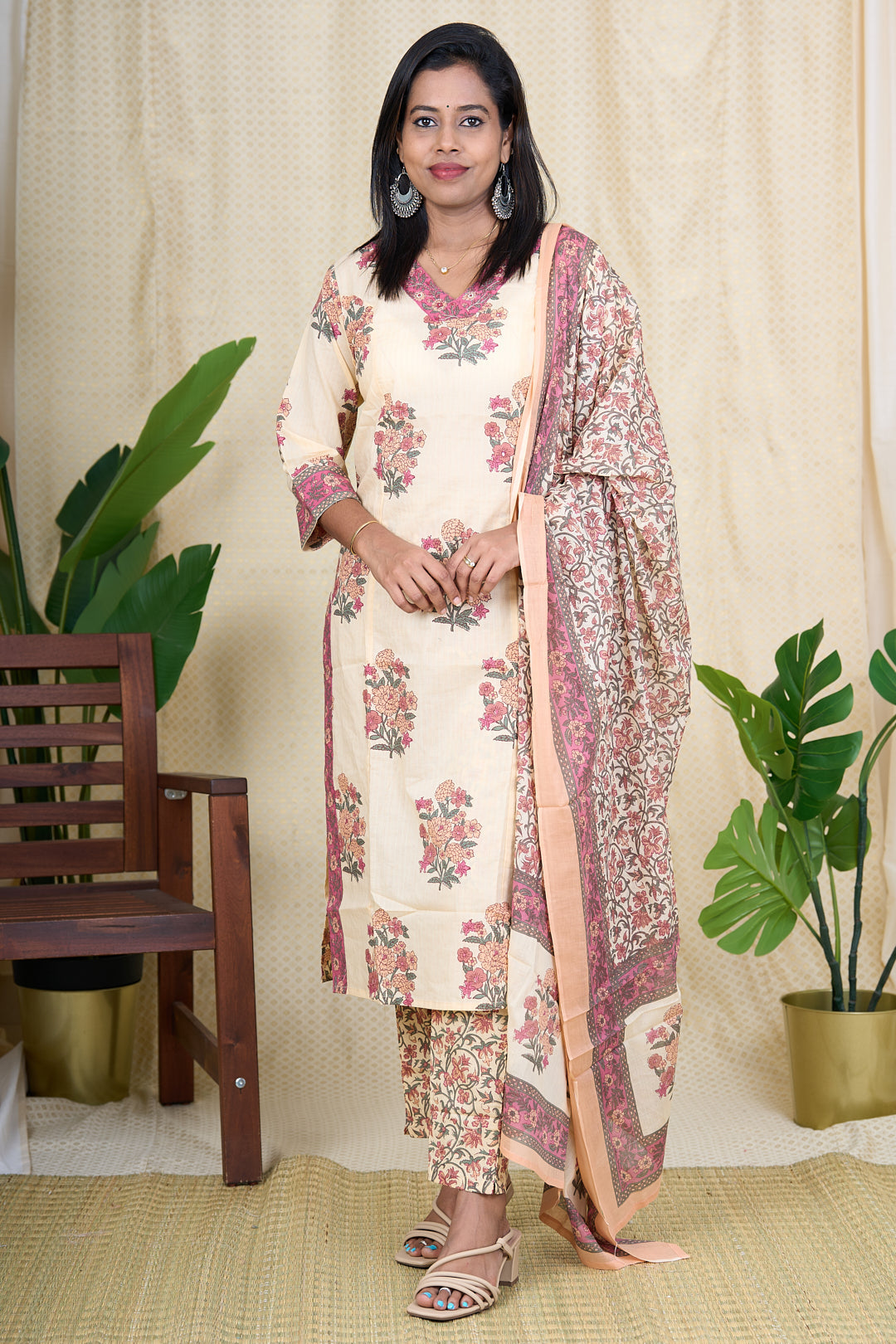 The Nesavu Womens Straight Suit Sets Hand Block Printed Cotton Salwar Suit Set with French Knot Embroidery Nesavu 38 (M) / Half White / Cotton WTH010A-38 Cotton Salwar Suit Set for Women | Floral Block Printed with Embroidered V-Neck