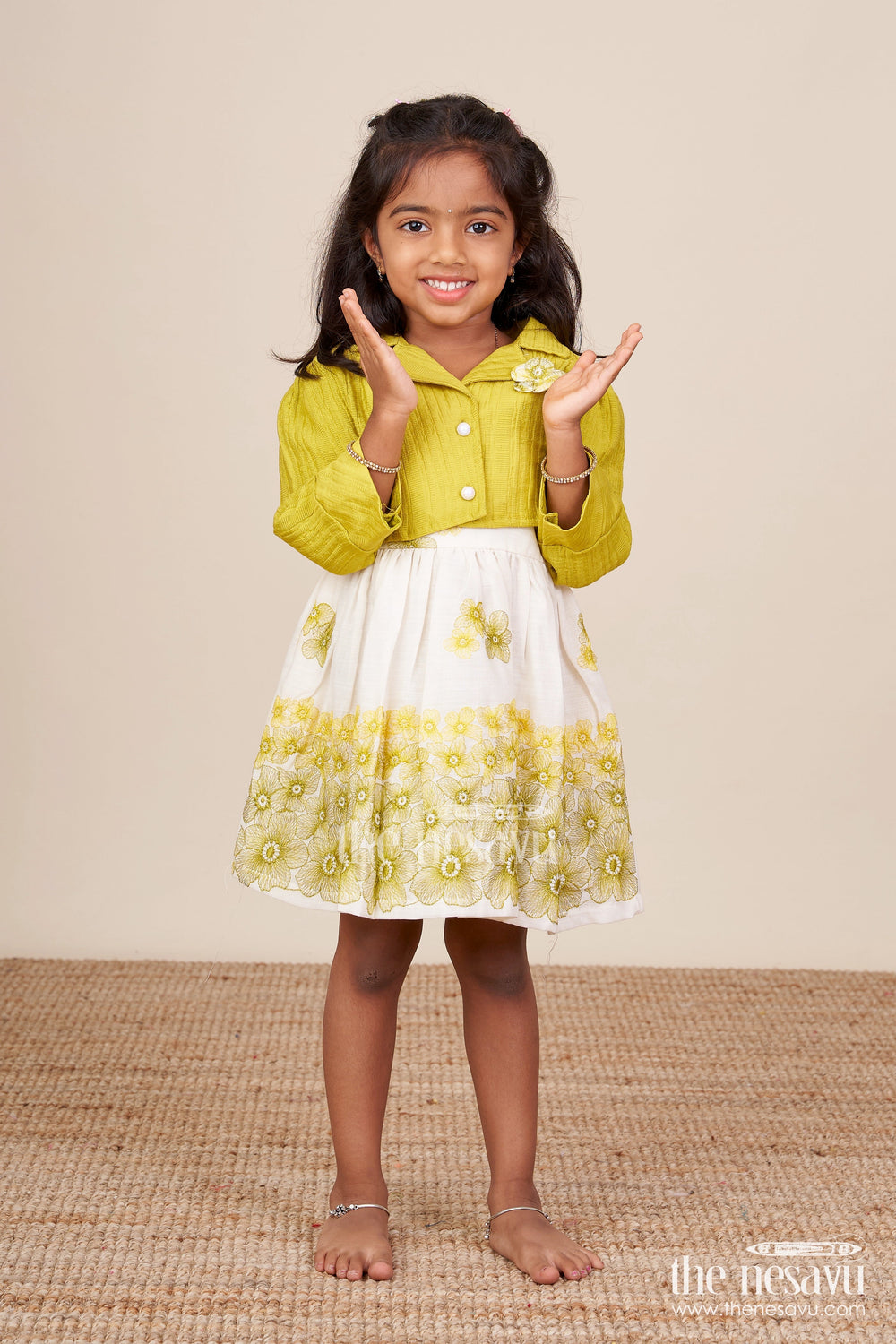 The Nesavu Baby Fancy Frock Hand-Embroidered Cotton Frock for Baby Girls with Soft Pastel Finish Nesavu Nesavu green cotton baby girl frock embroidery  festive traditional outfit