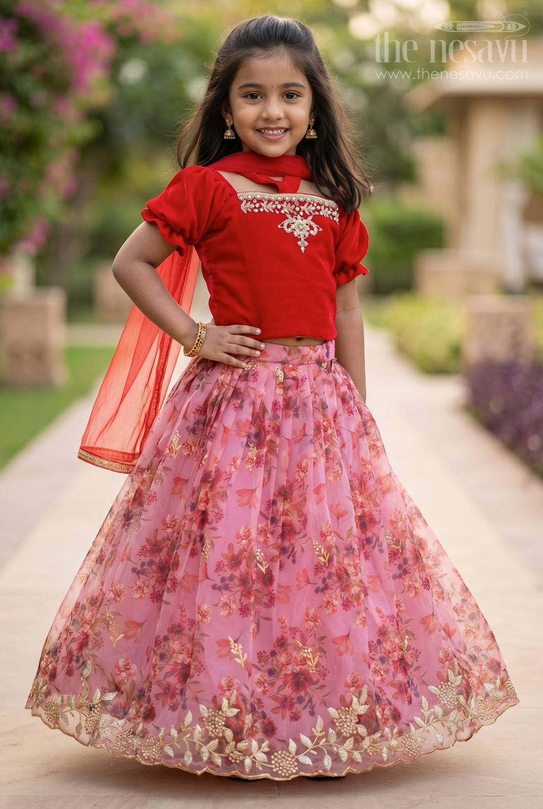 The Nesavu Girls Lehenga Choli Hand Embroidered Pink Crop Top and Digital Printed Lehenga for Little Girls Nesavu 16 (1Y) / Red / Organza GL311-16 Girls Festive Wear Ideas 2023 | The Nesavu