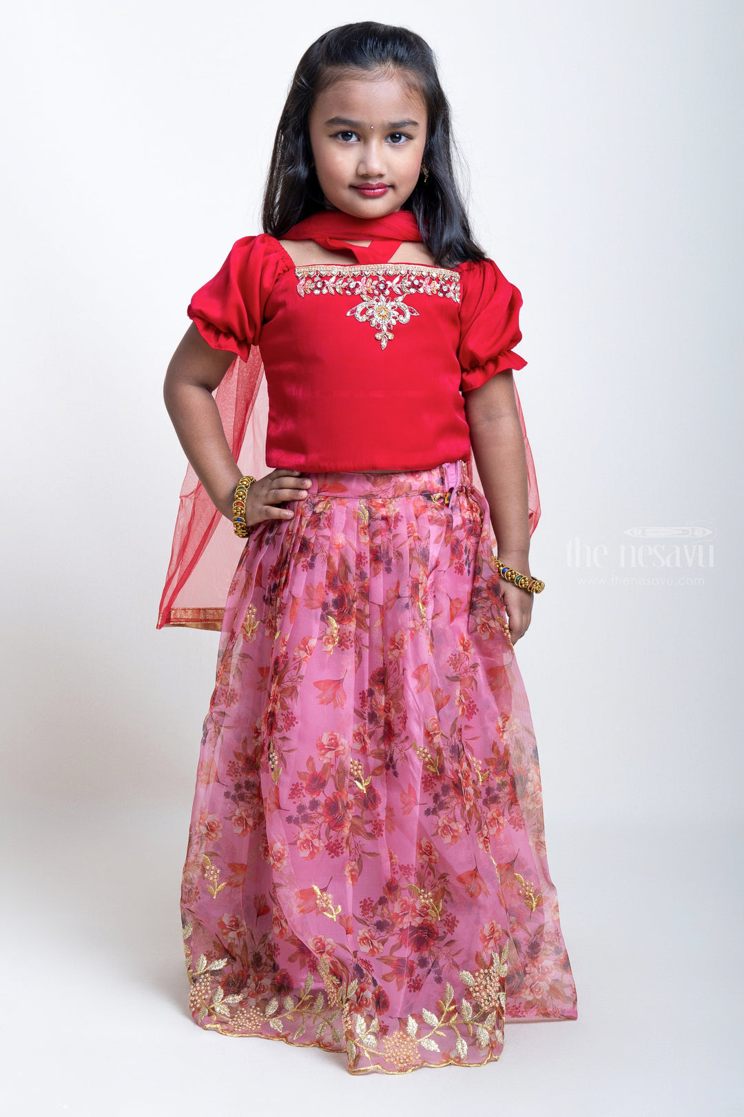 The Nesavu Lehenga & Ghagra Hand Embroidered Pink Crop Top And Digital Printed Lehenga For Little Girls psr silks Nesavu 16 (1Y) / Red / Organza GL311