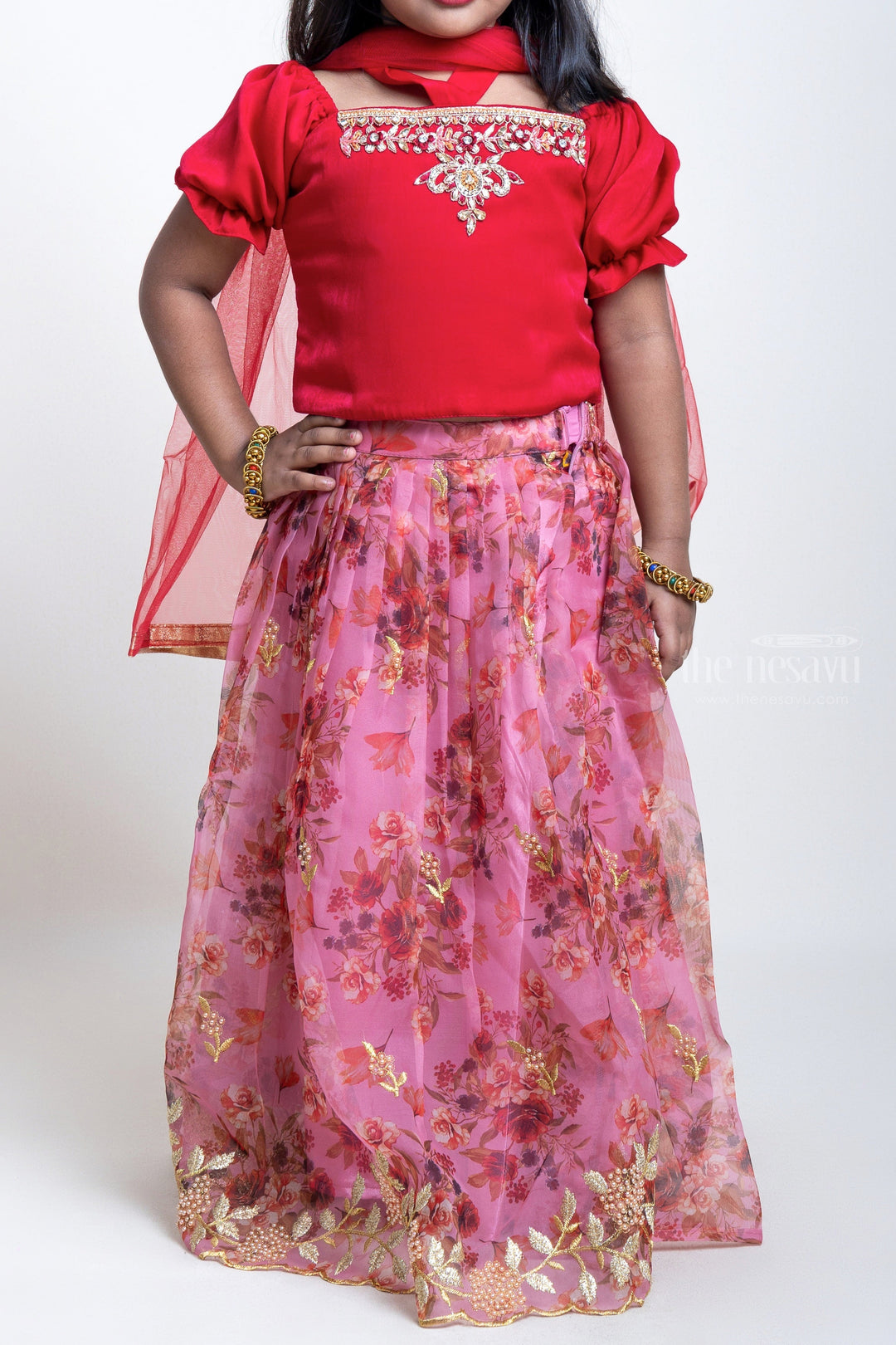 The Nesavu Lehenga & Ghagra Hand Embroidered Pink Crop Top And Digital Printed Lehenga For Little Girls psr silks Nesavu