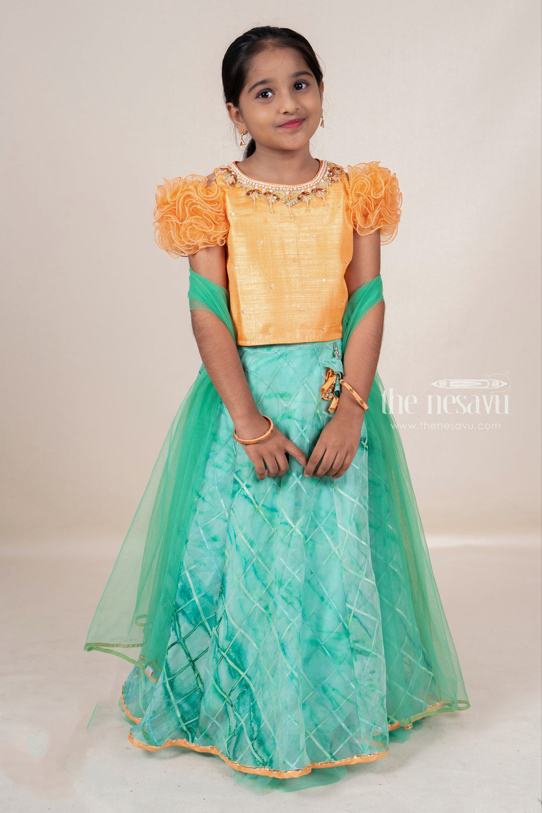 The Nesavu Girls Lehenga Choli Hand Embroidery Orange With Green Soft Net Lehenga For Baby Girls Nesavu 14 (6M) / Green / Organza GL261-14 Stylish Ethnic Dresses For Baby Girls | Party Wear Choli Ideas 2022 | The Nesavu