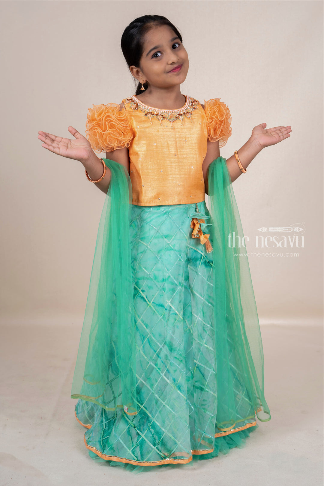 The Nesavu Girls Lehenga Choli Hand Embroidery Orange With Green Soft Net Lehenga For Baby Girls Nesavu Stylish Ethnic Dresses For Baby Girls | Party Wear Choli Ideas 2022 | The Nesavu