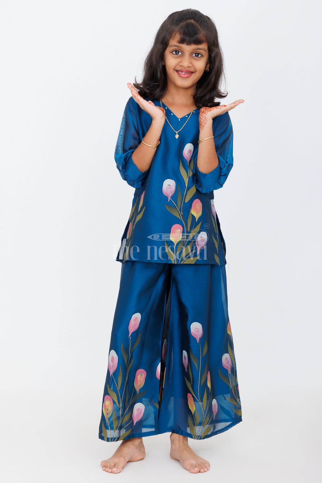 The Nesavu Girls Sharara / Plazo Set Hand-Painted Blue Organza Silk Sharara Set for Girls with Floral Motifs and Beaded Neckline Nesavu 24 (5Y) / Blue GPS442A-24 Nesavu Hand-Painted Blue Organza Silk Sharara Set Girls Floral Motifs Beadwork