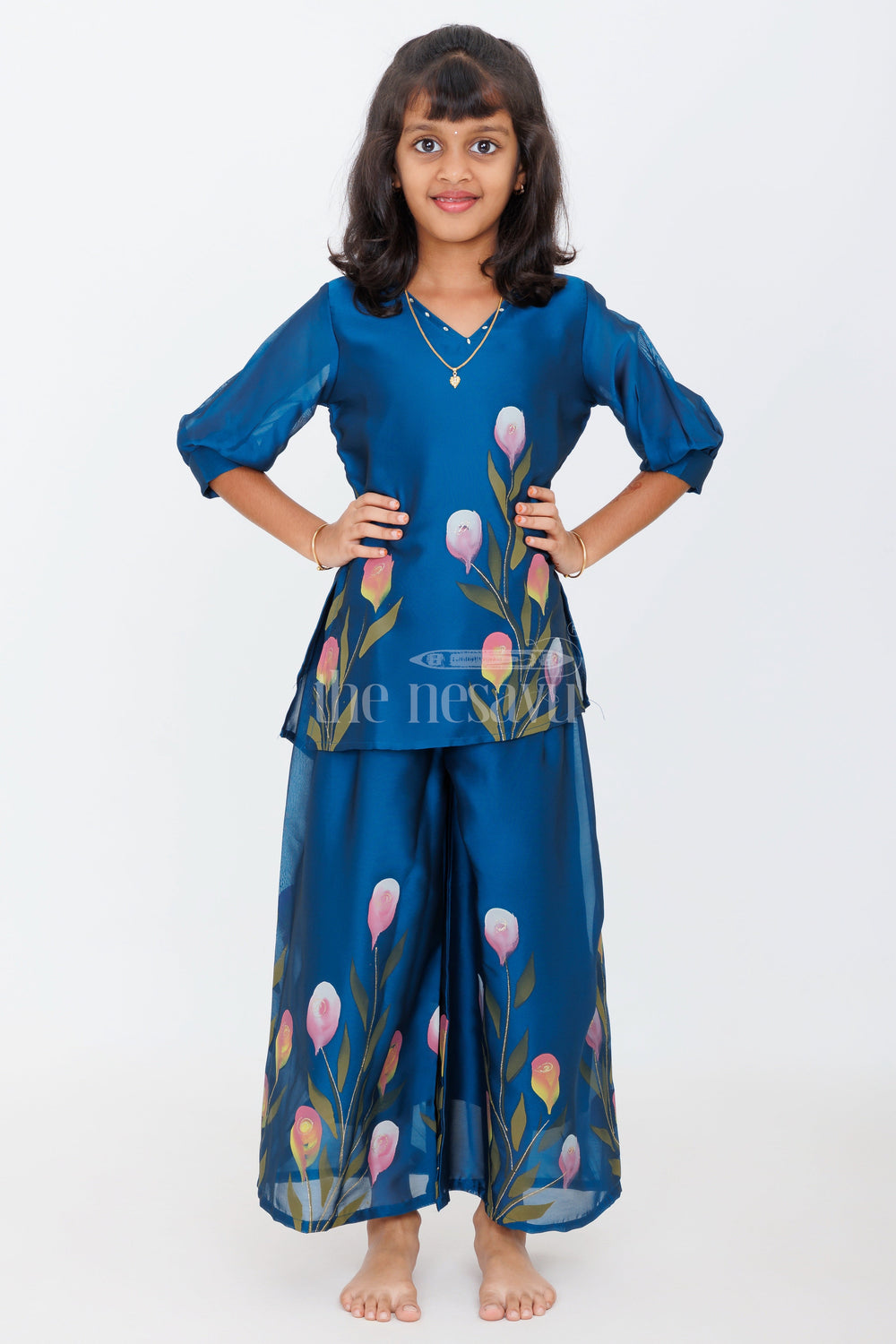 The Nesavu Girls Sharara / Plazo Set Hand-Painted Blue Organza Silk Sharara Set for Girls with Floral Motifs and Beaded Neckline Nesavu Nesavu Hand-Painted Blue Organza Silk Sharara Set Girls Floral Motifs Beadwork