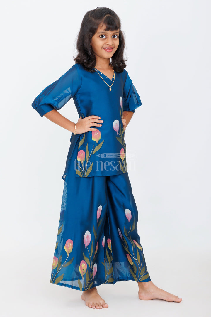 The Nesavu Girls Sharara / Plazo Set Hand-Painted Blue Organza Silk Sharara Set for Girls with Floral Motifs and Beaded Neckline Nesavu Nesavu Hand-Painted Blue Organza Silk Sharara Set Girls Floral Motifs Beadwork