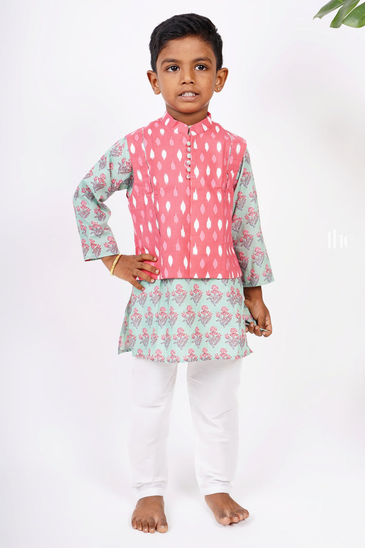 The Nesavu Boys Jacket Sets Handblock Floral Boys Kurta Bandi Set in Ikkat N Mugal Print Nesavu 12 (3M) / Green BES79-12 Shop Kurta Dresses For Boys | Party Wear Kurta Online | The Nesavu