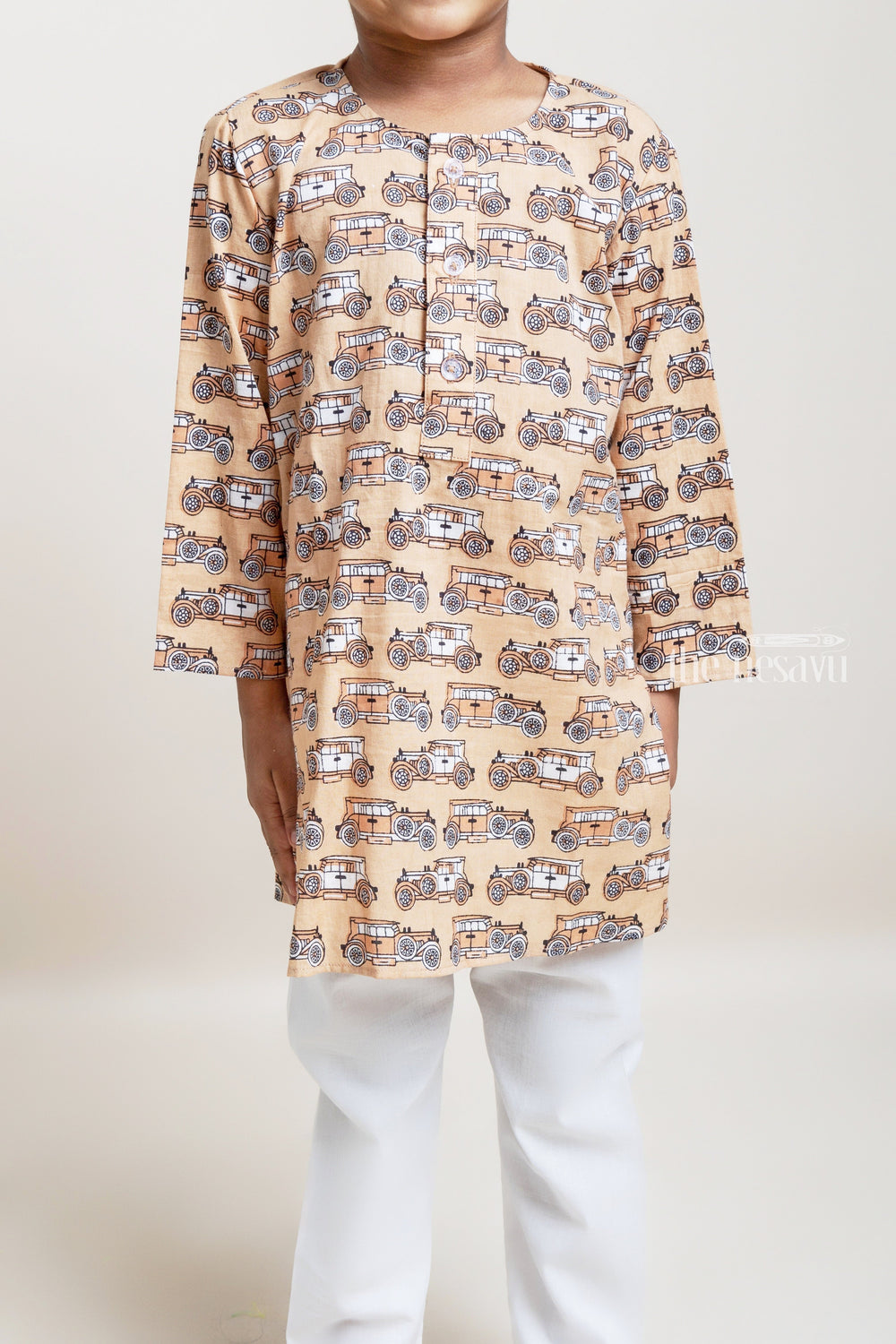 The Nesavu Boys Kurtha Set Handblock Printed Car Pattern Cotton Kurta With White Pyjama Pant For Boys Nesavu Modern Kurta And Pyjama For Boys| Best Collection| The Nesavu