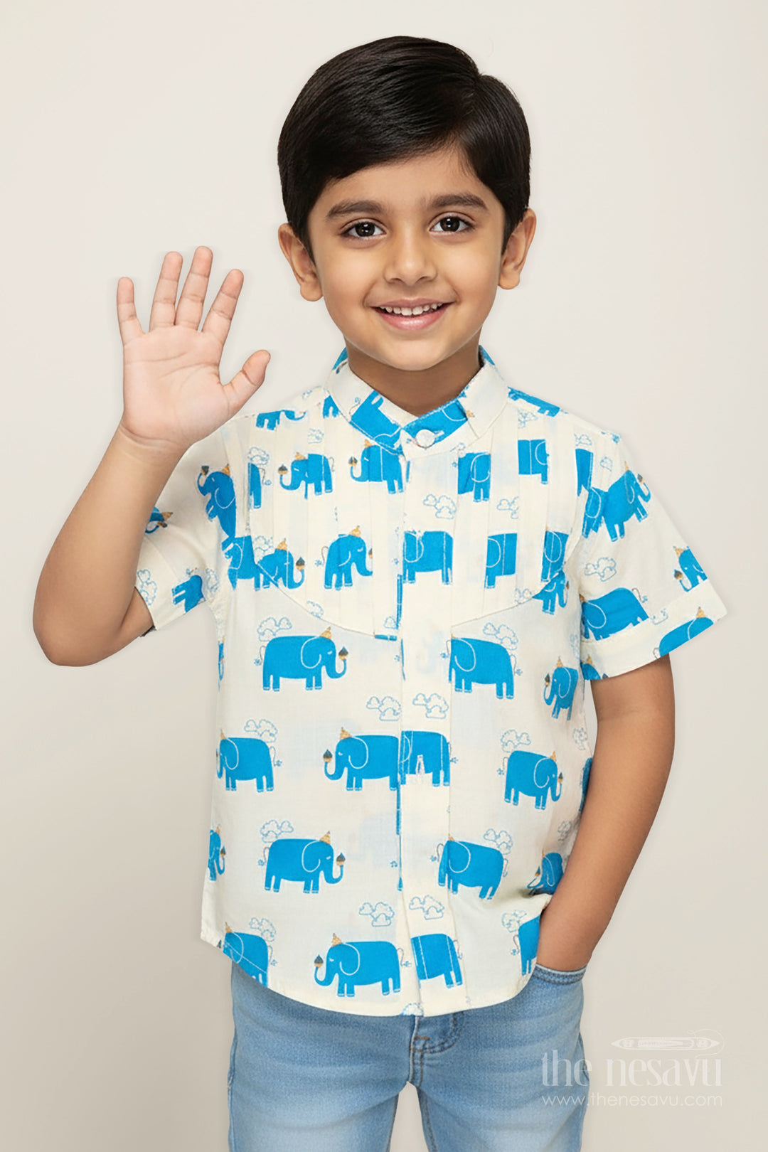 The Nesavu Boys Cotton Shirt Handcrafted Blue Elephant Print Shirt for Boys in Cream Cotton Nesavu 16 (1Y) / Blue BS275C-16 Nesavu Handcrafted Cotton Shirt Boys Blue Elephant Motifs Comfortable Everyday Fit