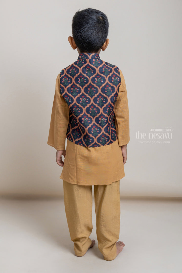 The Nesavu Boys Jacket Sets Handloom Inspired Brown Cotton Kurta Set With Floral Printed Jacket For Baby Boys Nesavu Brown Kurta Set For Boys| Traditional Collection| The Nesavu