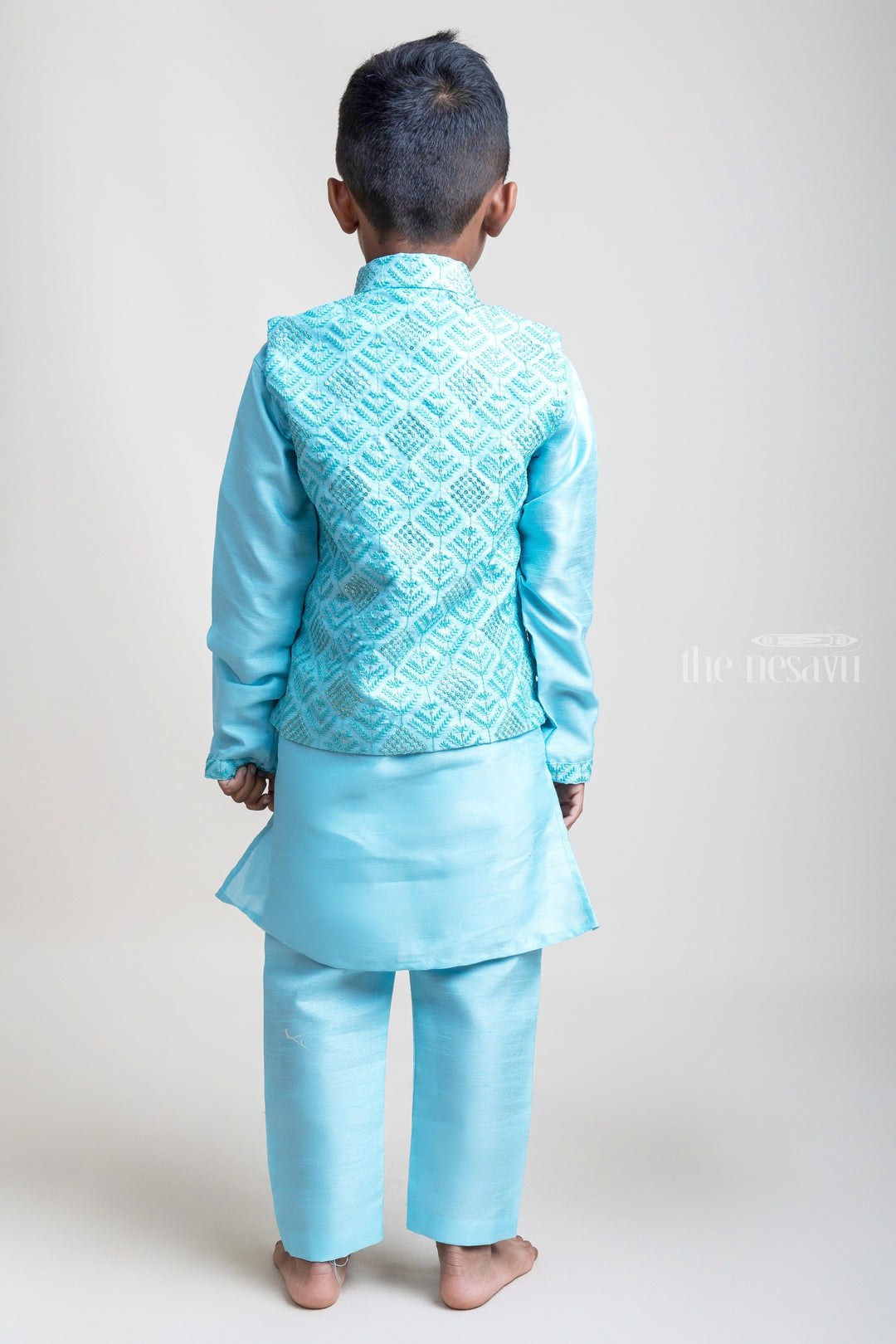 The Nesavu Boys Jacket Sets High-Profile Teal Blue Three Piece Kurta With Buttoned Overcoat For Little Boys Nesavu Festive Wear Three Piece Kurta Set For Boys| Hot Collection| The Nesavu