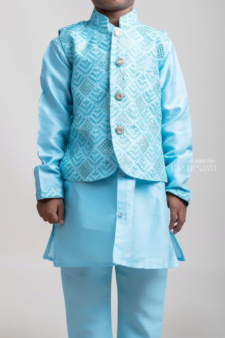 High-Profile Teal Blue Three Piece Kurta With Buttoned Overcoat For Little Boys