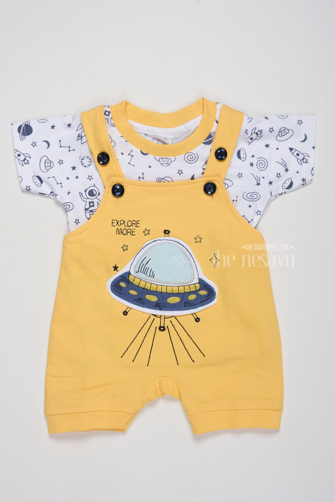 The Nesavu Baby Casual Sets Holi Dress for Newborn Yellow Space Theme Dungaree with Printed T-Shirt Nesavu 14 (6M) / Yellow BCS193B-14 Holi Dress Newborn Yellow Space Theme Dungaree Printed T-Shirt | The Nesavu