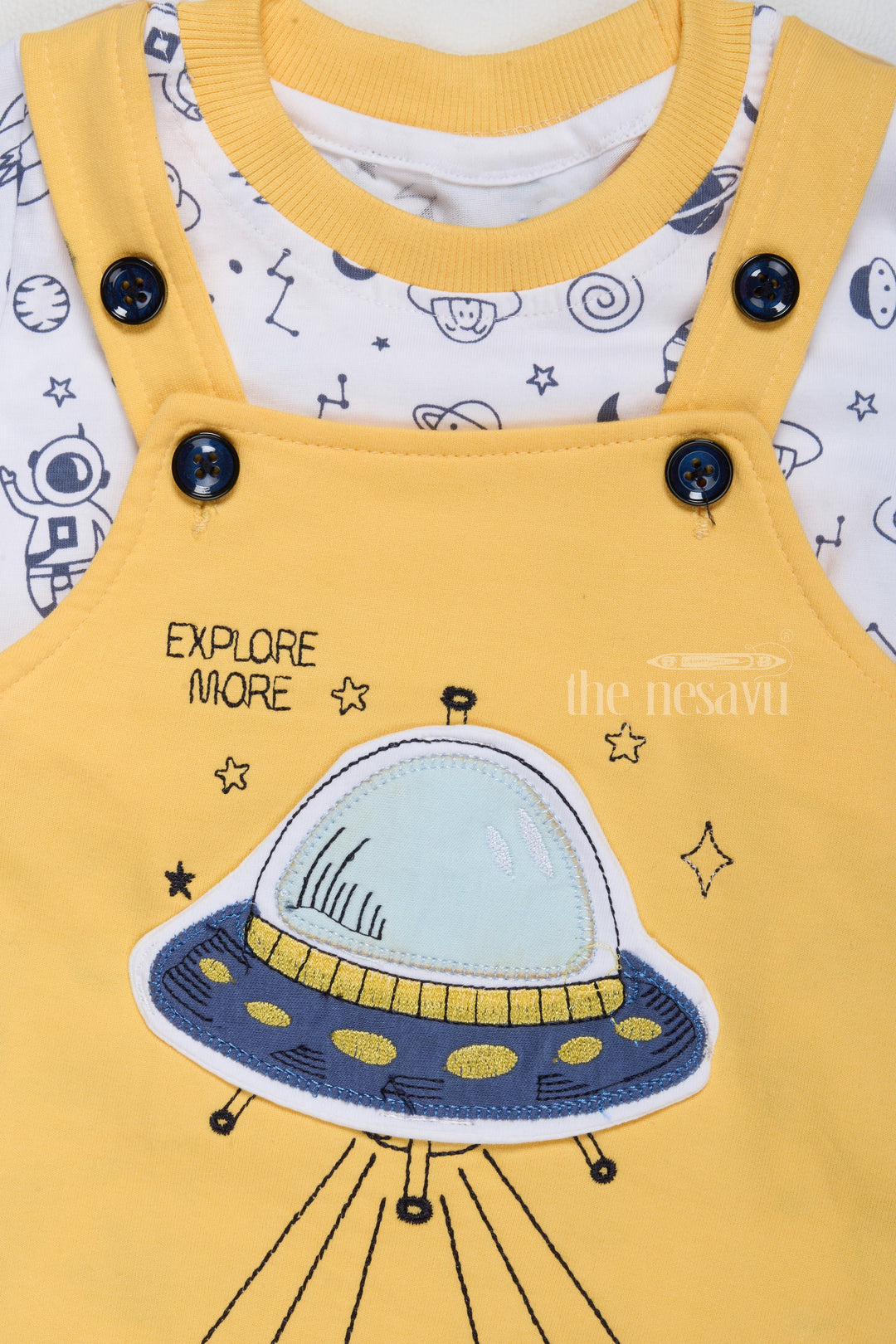 The Nesavu Baby Casual Sets Holi Dress for Newborn Yellow Space Theme Dungaree with Printed T-Shirt Nesavu Holi Dress Newborn Yellow Space Theme Dungaree Printed T-Shirt | The Nesavu