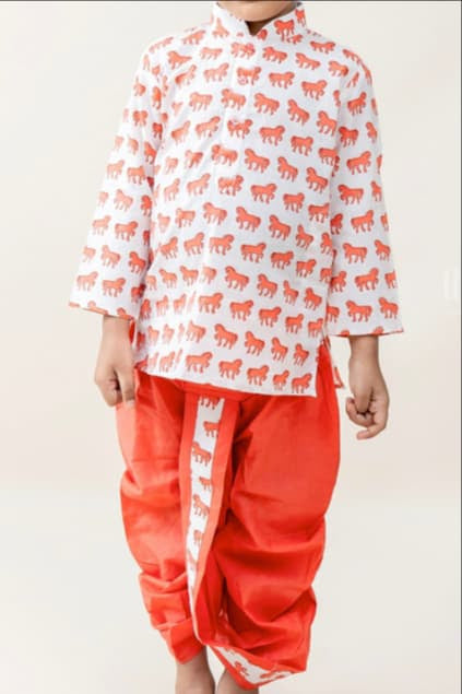 The Nesavu Boys Dothi Set Horse Printed Peach Pink Soft Cotton Kurta Suit for Baby Boys Nesavu Latest Side Buttoned Kurta Suits | The Nesavu