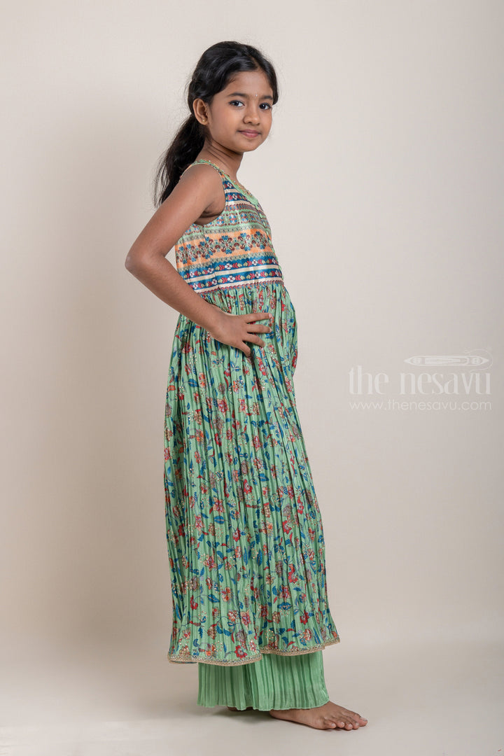 The Nesavu Girls Sharara / Plazo Set Ikat and Floral Printed Green Pleated Georgette Kurti and Pleated Green Palazzo Pant for Girls Nesavu Ikat and Floral Printed Green Pleated Georgette Kurti and Palazzo Suit for Girls | Designer Ethnic Wear | The Nesavu