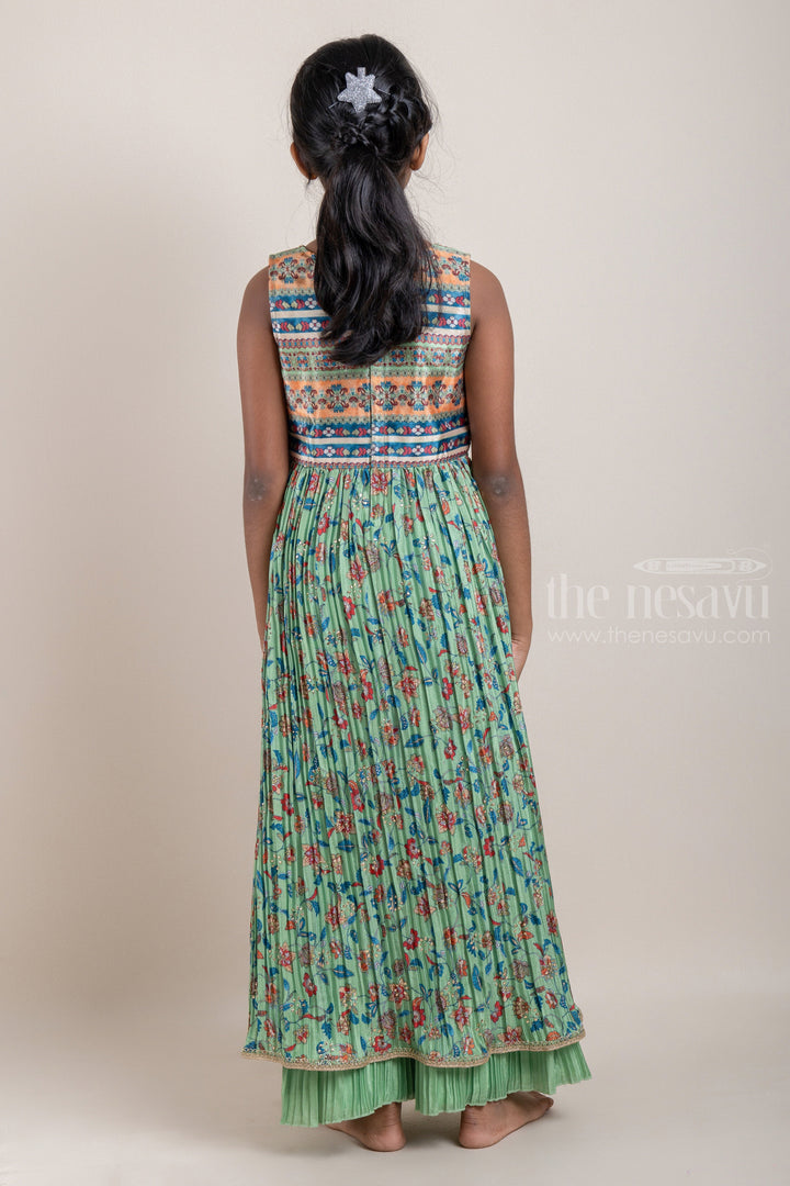 The Nesavu Girls Sharara / Plazo Set Ikat and Floral Printed Green Pleated Georgette Kurti and Pleated Green Palazzo Pant for Girls Nesavu Ikat and Floral Printed Green Pleated Georgette Kurti and Palazzo Suit for Girls | Designer Ethnic Wear | The Nesavu