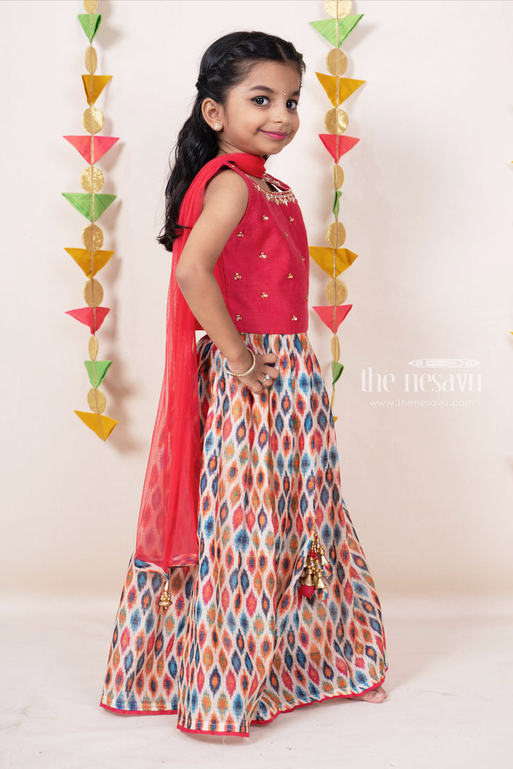 Ikkat Designer Red Raw Silk Choli Wear For Baby Girls