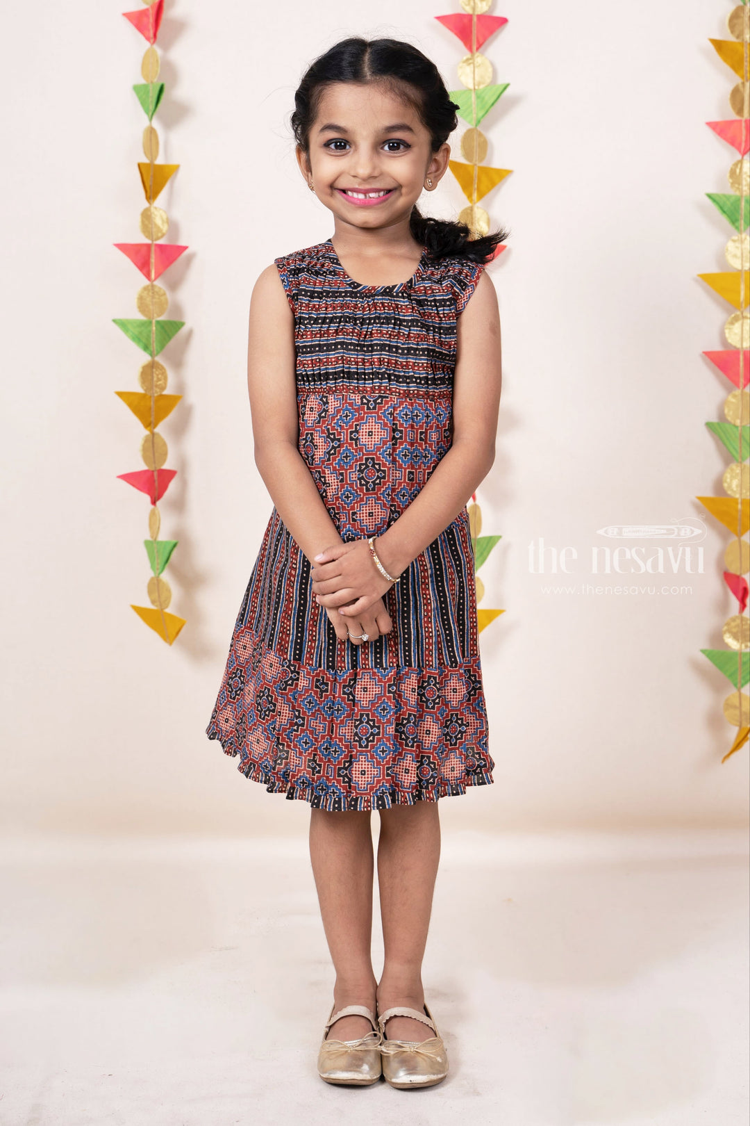 The Nesavu Girls Cotton Frock Ikkat Printed Pin Tucked Casual Daily Wear Frock For Girl Kids Nesavu Play Wear Casual Dresses Online | Ethnic Cotton Gowns For Girls | The Nesavu