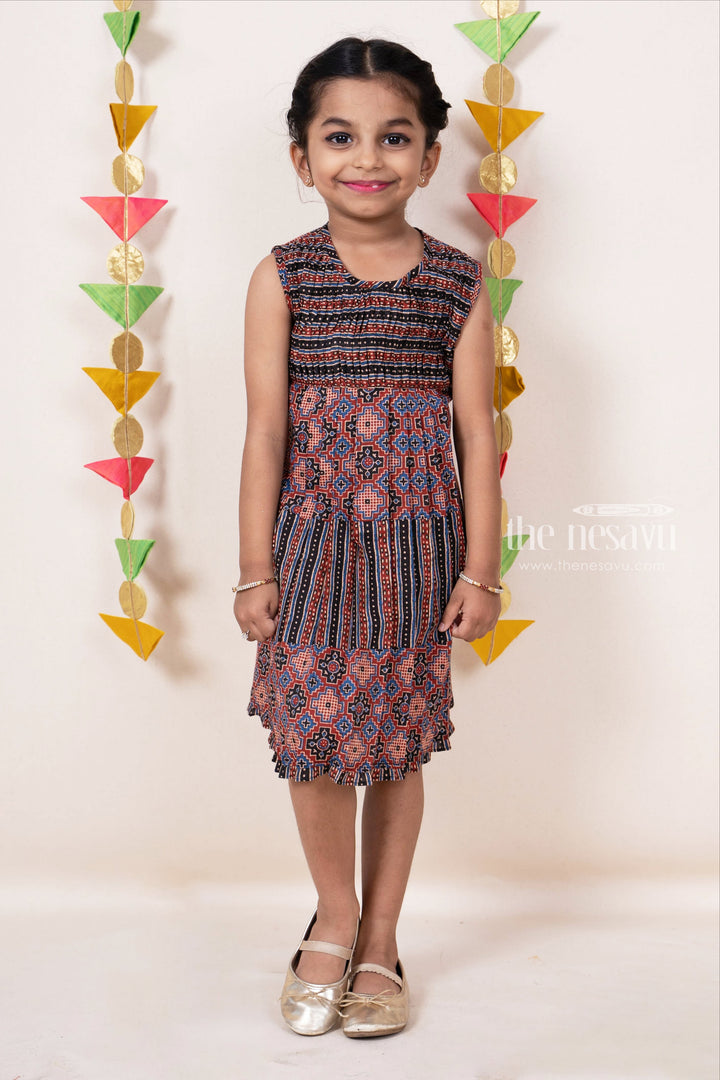 The Nesavu Girls Cotton Frock Ikkat Printed Pin Tucked Casual Daily Wear Frock For Girl Kids Nesavu Play Wear Casual Dresses Online | Ethnic Cotton Gowns For Girls | The Nesavu