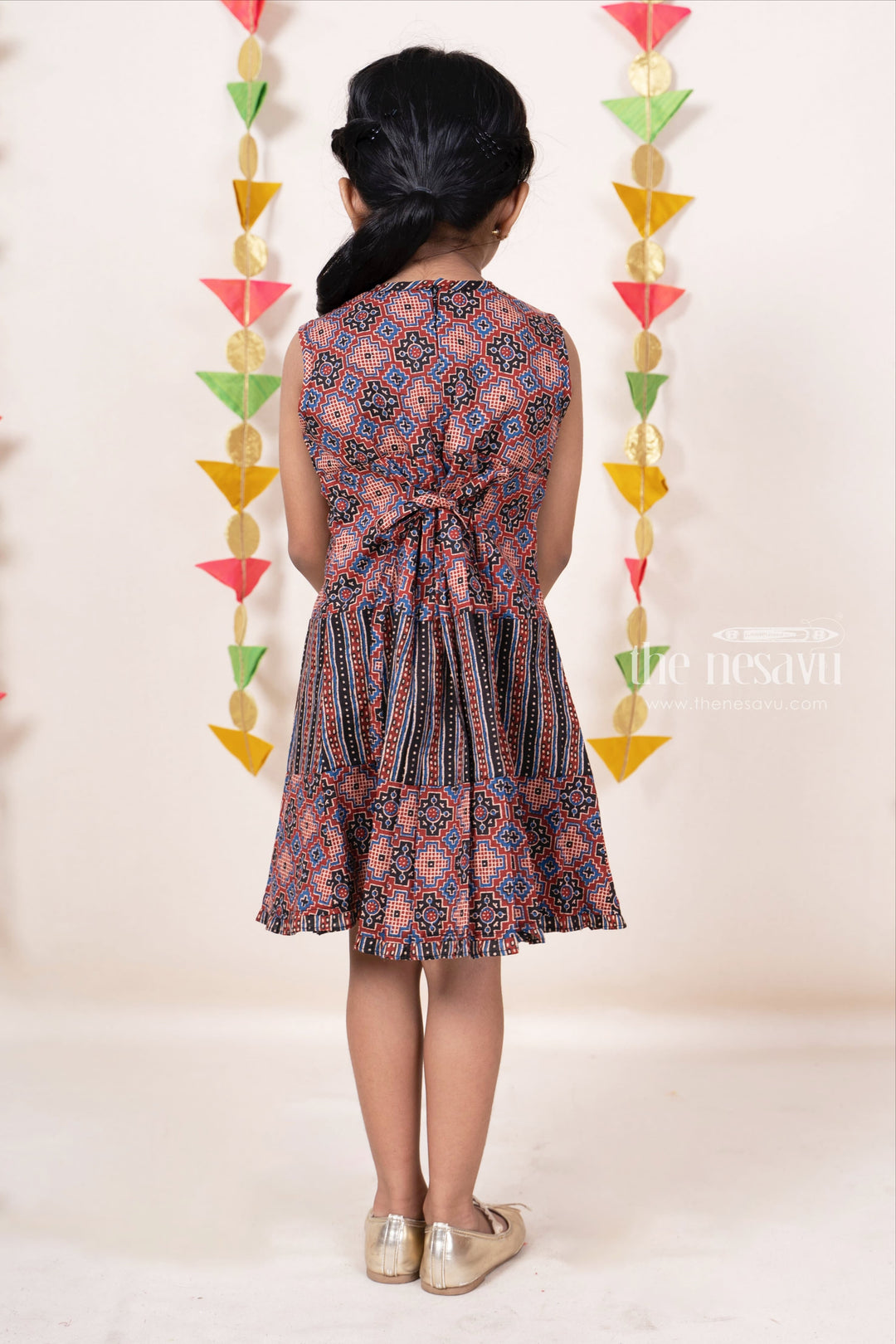 The Nesavu Girls Cotton Frock Ikkat Printed Pin Tucked Casual Daily Wear Frock For Girl Kids Nesavu Play Wear Casual Dresses Online | Ethnic Cotton Gowns For Girls | The Nesavu