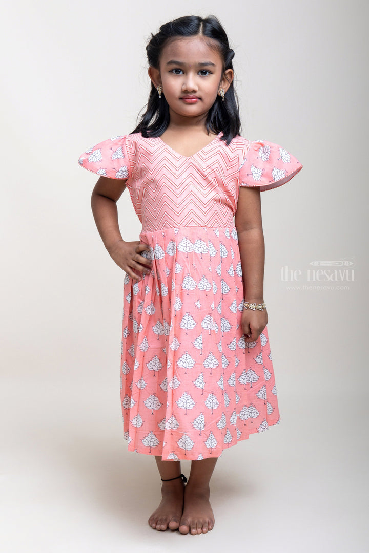 The Nesavu Girls Cotton Frock Ikkat Printed Yoke With Leaf Printed Pink Cotton Frock Nesavu 16 (1Y) / Salmon / Cotton GFC976B Casual Comfy Wear Frocks | Pocket-Friendly Comfy Wear Online | The Nesavu