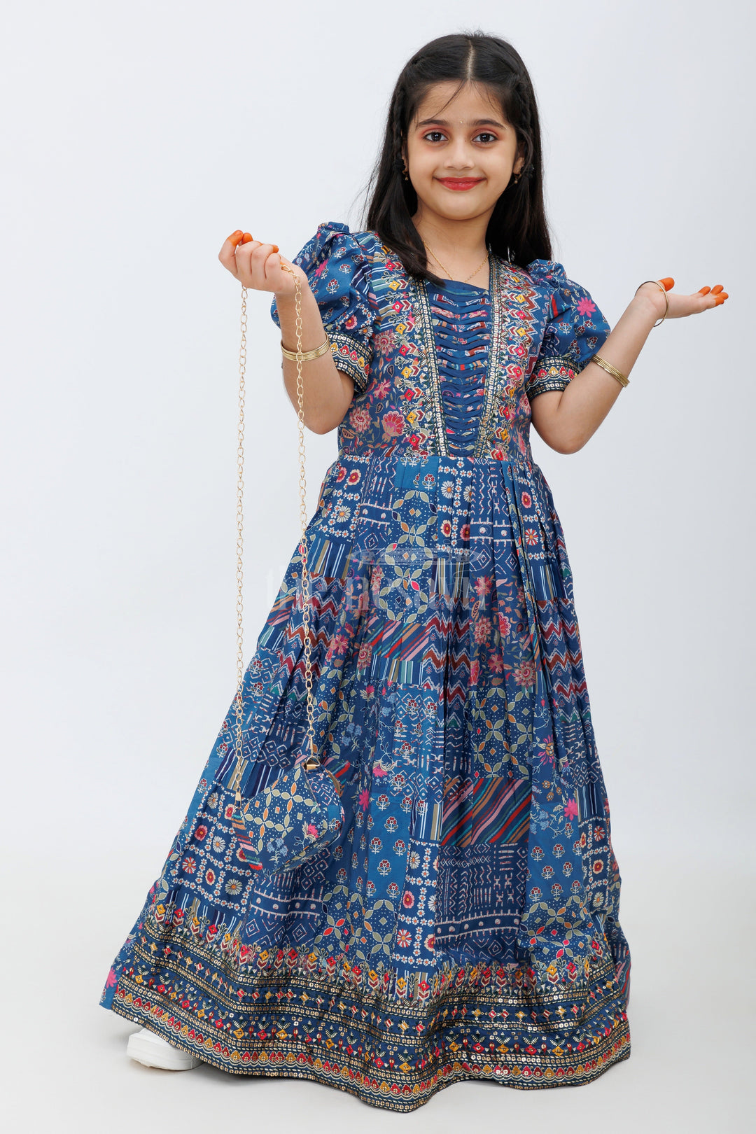 The Nesavu Girls Party Gown Indigo Blue Ajrak Print Chinon Party Gown for Girls Nesavu 22 (4Y) / Blue GA249A-22 Indigo Blue Ajrak Print Chinon Party Gown for Girls - Nesavu