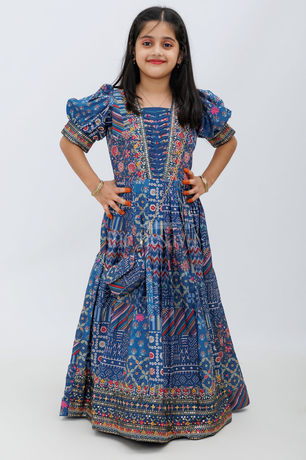 The Nesavu Girls Party Gown Indigo Blue Ajrak Print Chinon Party Gown for Girls Nesavu Indigo Blue Ajrak Print Chinon Party Gown for Girls - Nesavu