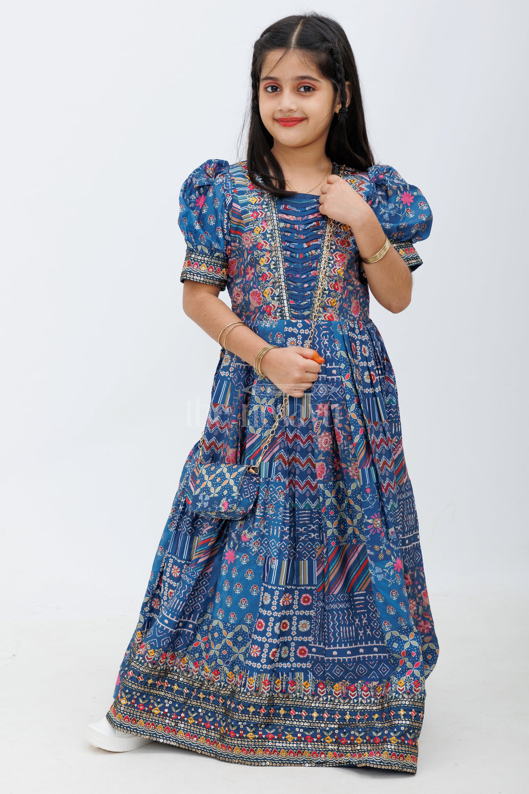 The Nesavu Girls Party Gown Indigo Blue Ajrak Print Chinon Party Gown for Girls Nesavu Indigo Blue Ajrak Print Chinon Party Gown for Girls - Nesavu