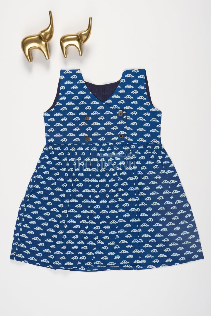 The Nesavu Baby Cotton Frocks Indigo Blue Cartoon Car Print Cotton Baby Frock with Mock Wrap Neck and Front Button Fastening Nesavu 10 (NB) / Blue BFJ617F-10 Indigo Blue Cartoon Car Print Cotton Baby Frock with Mock Wrap Neck Nesavu